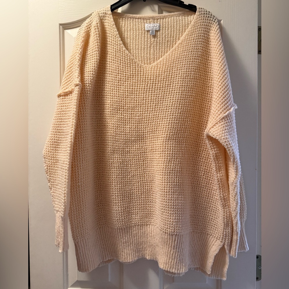 Mud Pie Waffle Stitch Cream Long Sleeve V-Neck Sweater Tunic